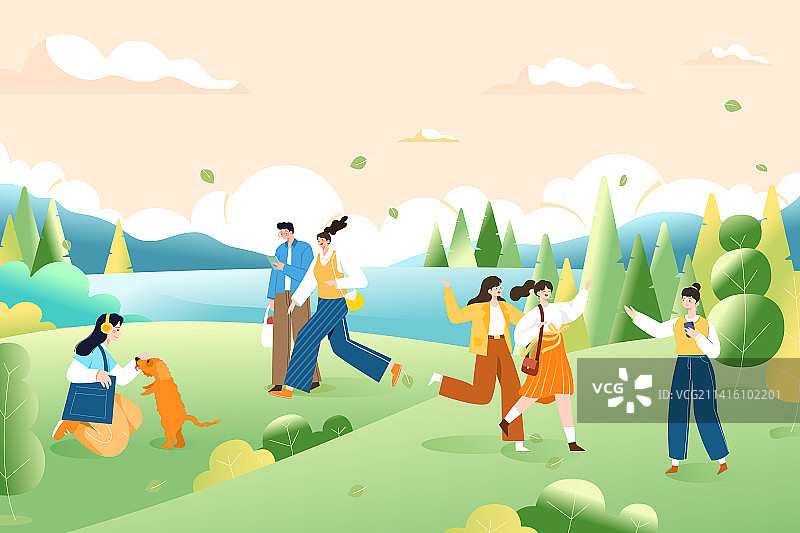 卡通春季春天出游旅行旅游儿童家人亲子游放风筝农家乐植树节自然户外春游中国风国潮渐变矢量插画图片素材