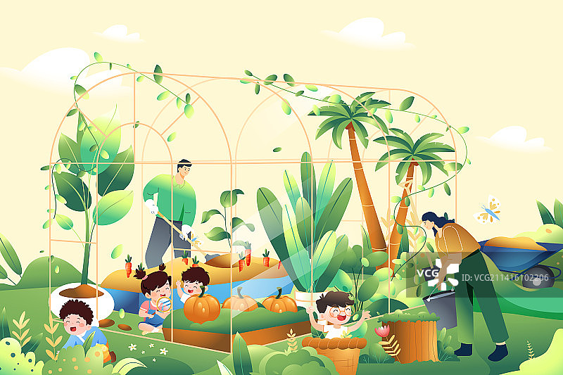 卡通春季春天出游旅行旅游儿童家人亲子游放风筝农家乐植树节自然户外春游中国风国潮渐变矢量插画图片素材