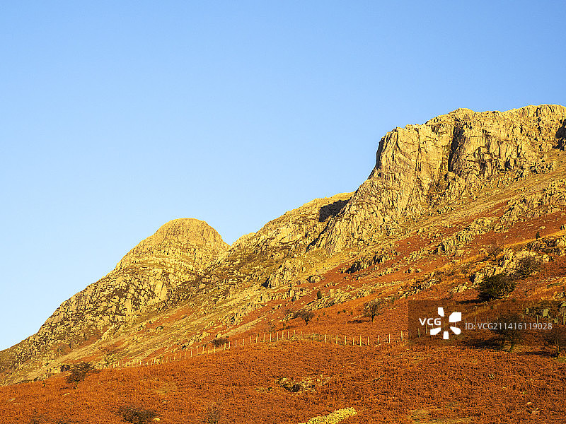 英国湖区米克尔登的朗代尔派克斯山峰的黎明光芒图片素材