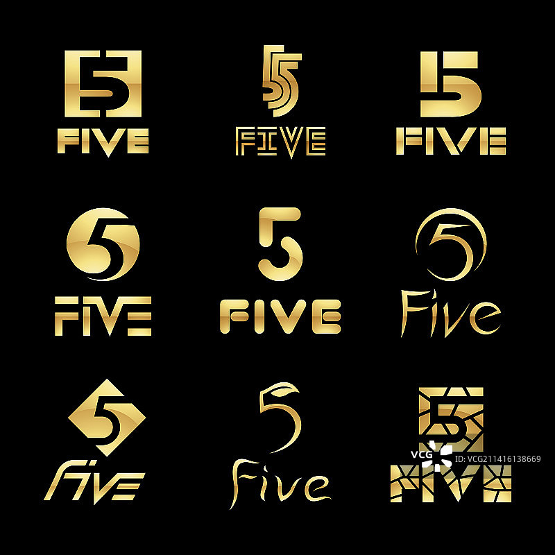 黑色背景上的金色光泽数字5图标图片素材