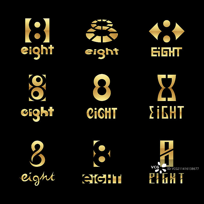 黑色背景上的金色光泽数字8图标图片素材