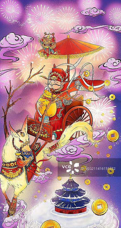 财神爷带着貔貅驾着乘黄带来财富图片素材