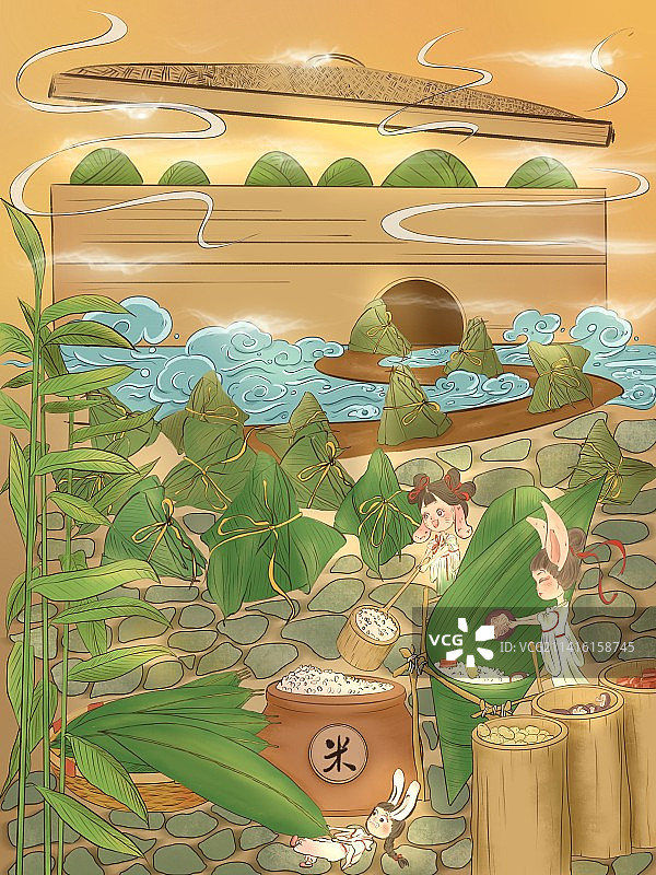 端午节兔子们在包粽子送入蒸笼图片素材