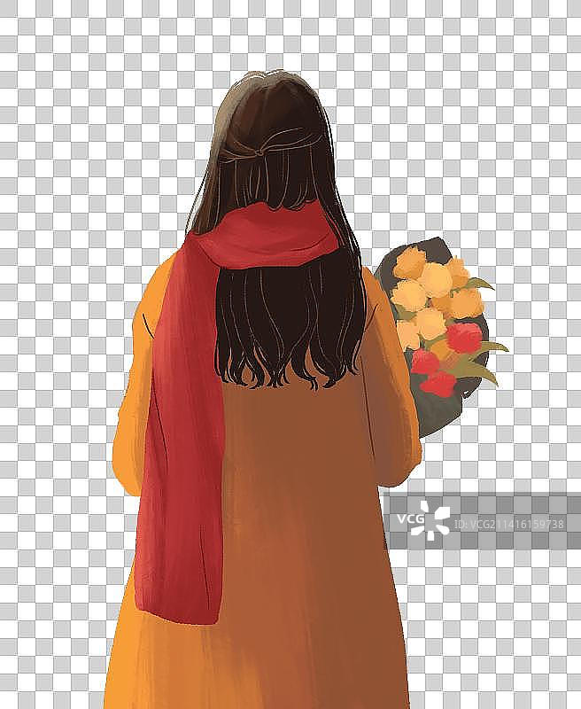 治愈系插画一个穿着厚衣服女孩的背影图片素材