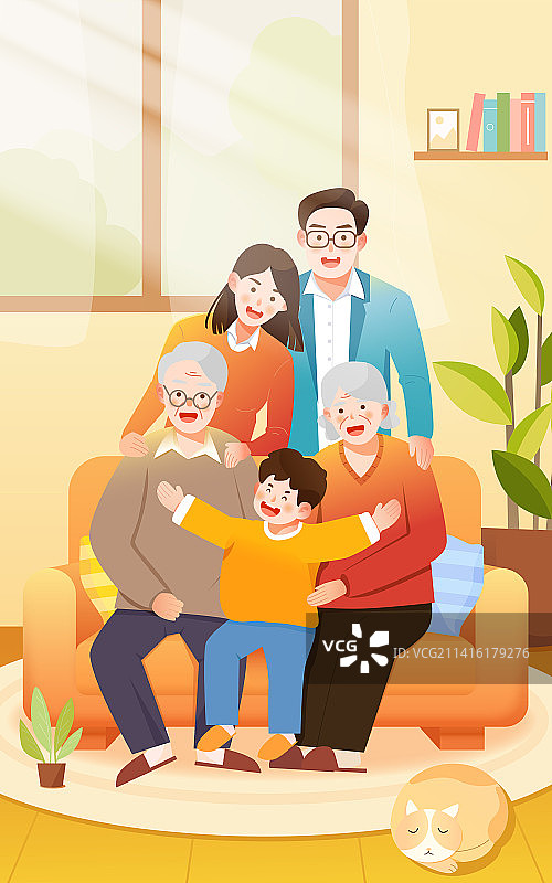 坐在沙发上的一家人养老保险理财插画图片素材