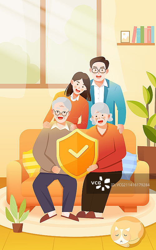 坐在沙发上的一家人养老保险理财插画图片素材