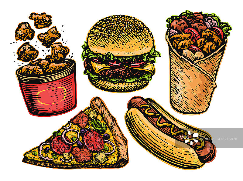 快餐套餐：芝士汉堡披萨切片热狗图片素材