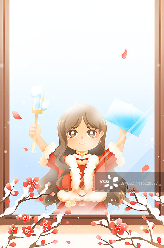 擦玻璃的小女孩，红色唯美卡通腊月二十四扫尘插画图片素材