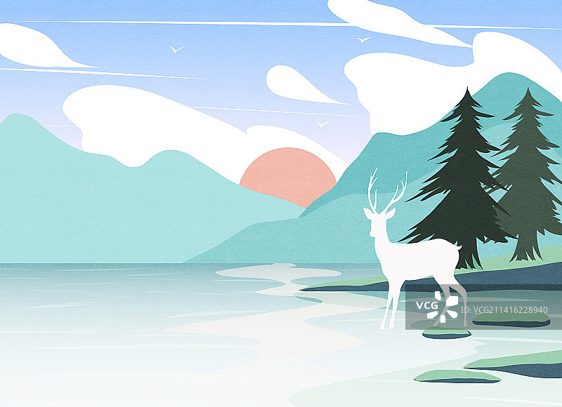 梦幻森林河流山川风景插画图片素材