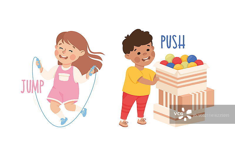 跳绳和推搡的小男孩和女孩图片素材