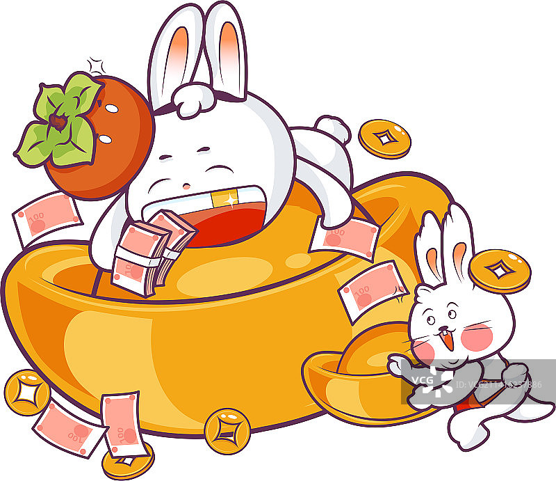 一只白色兔子镶金牙抱着大元宝开心的笑图片素材