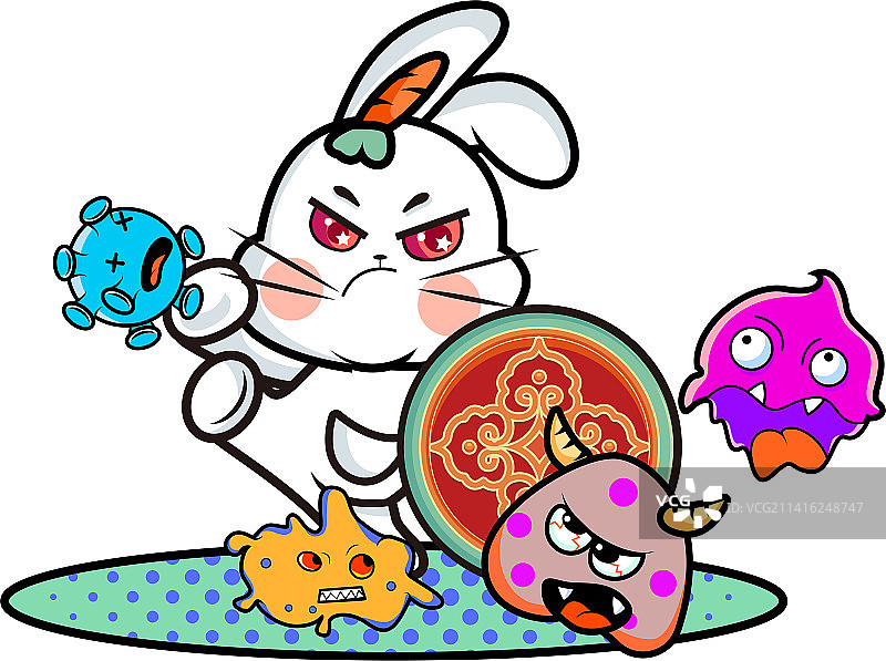 抵抗病毒的白兔手拿盾牌踢飞病毒图片素材