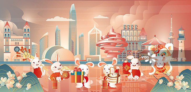 春节中秋节青岛地标建筑群矢量节日插画图片素材