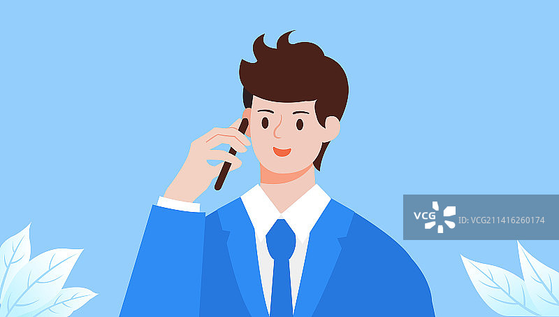 穿西装的商业男青年正在打电话矢量插画，打电话的商业人士图片素材