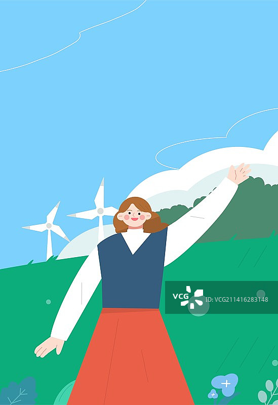 绿色草地女生春天拥抱自然生态环保插画图片素材