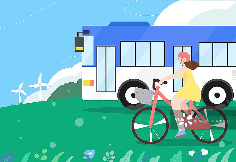 新能源骑行公交车节能环保低碳出行环境保护插画图片素材