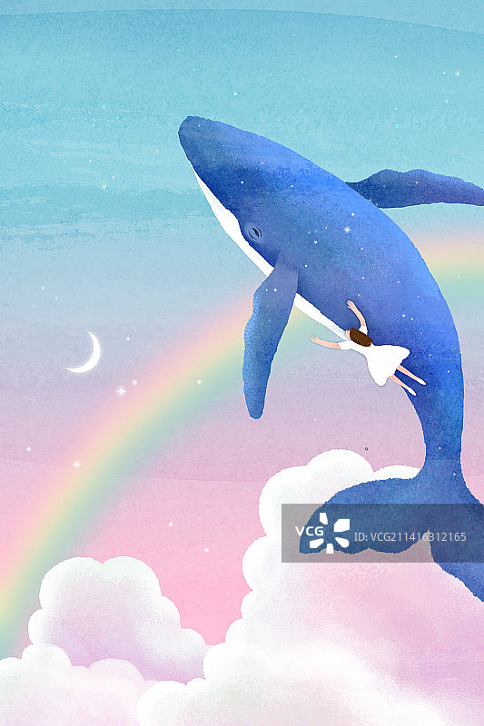 鲸鱼，童话，月亮星星彩虹图片素材