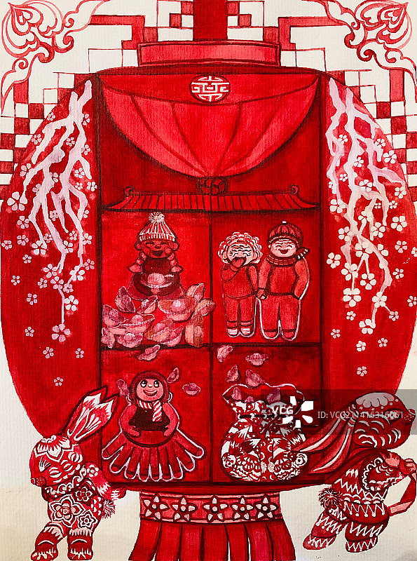 春节灯笼红包剪纸兔喜庆手绘插画图片素材