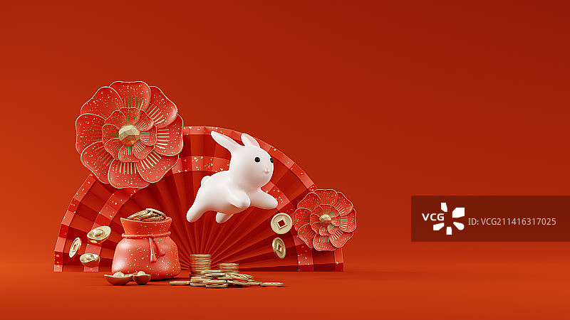 3D渲染兔年中国红主题插画图片素材