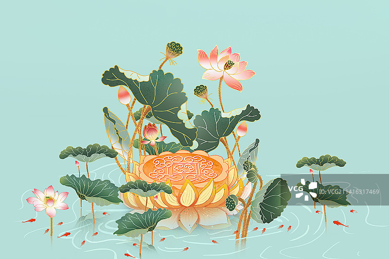 国潮风中秋节插画 荷叶群里的莲花月饼图片素材