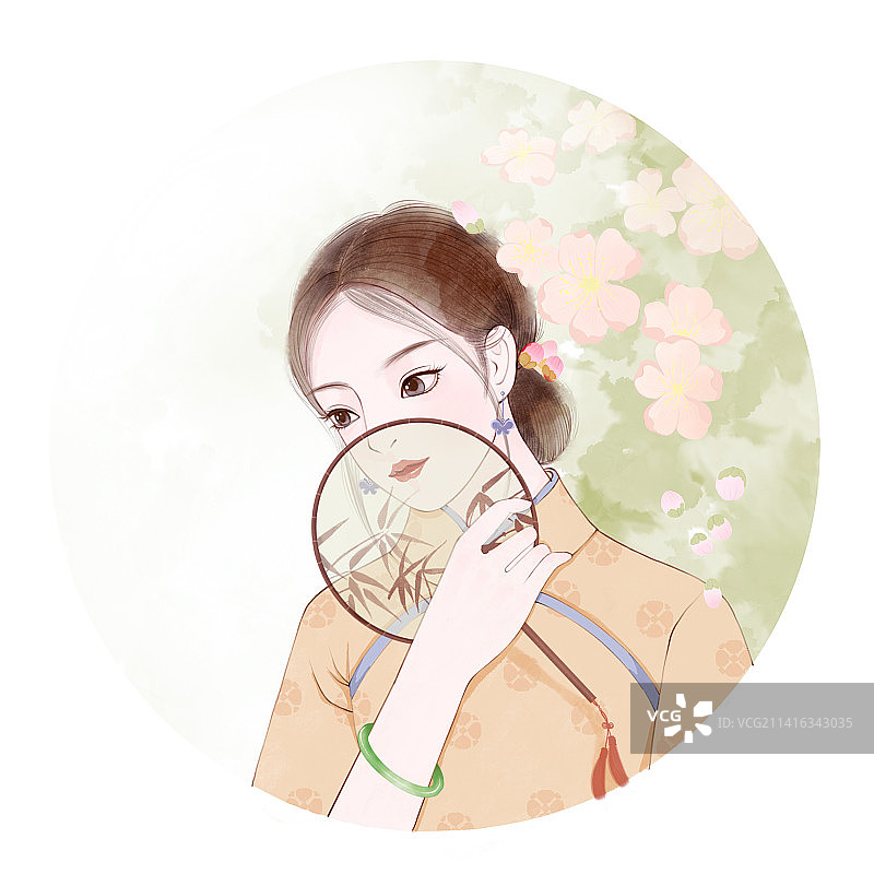工笔水彩美人拿扇子图片素材