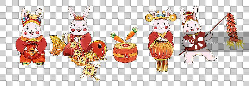 2023年兔年春节贺岁图 一群穿红衣服的小兔子们图片素材