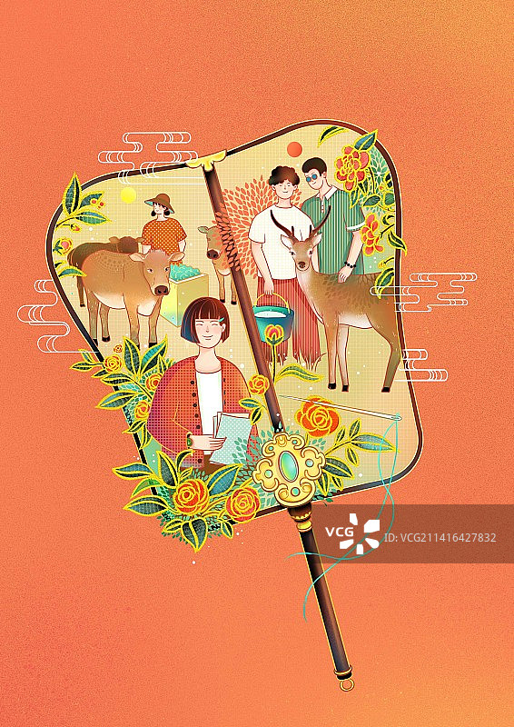 橙色扇子国风创意插画图片素材