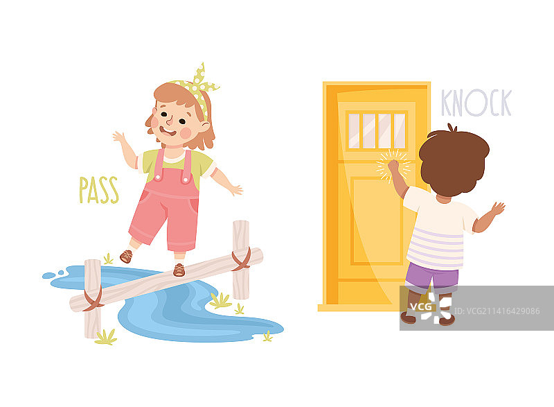 小男孩和女孩穿过小溪图片素材