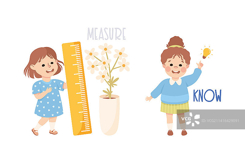 测量花朵的小女孩图片素材