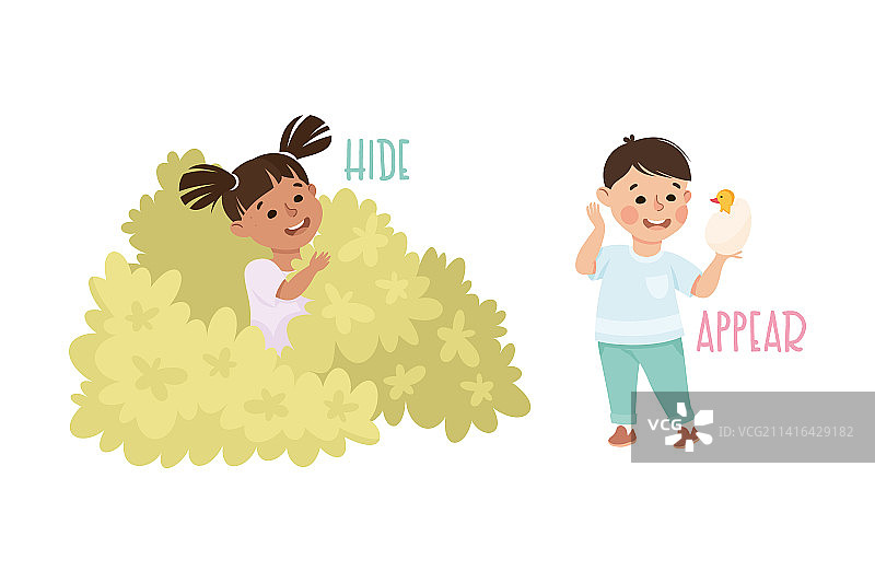 躲在灌木丛中拿着鸡蛋的小男孩和小女孩图片素材