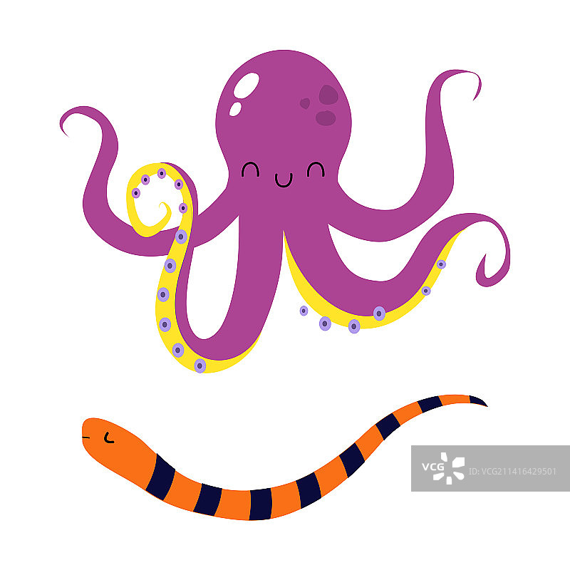 章鱼、鱼和长海螺等海洋动物图片素材