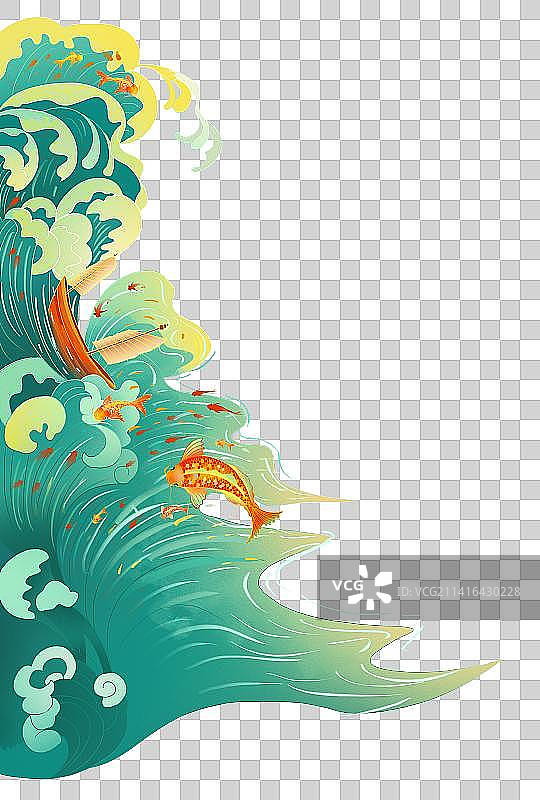 国潮风海浪上的鱼与帆船元素图片素材