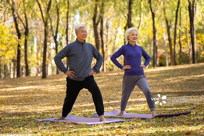 户外练瑜伽的老年夫妇图片素材