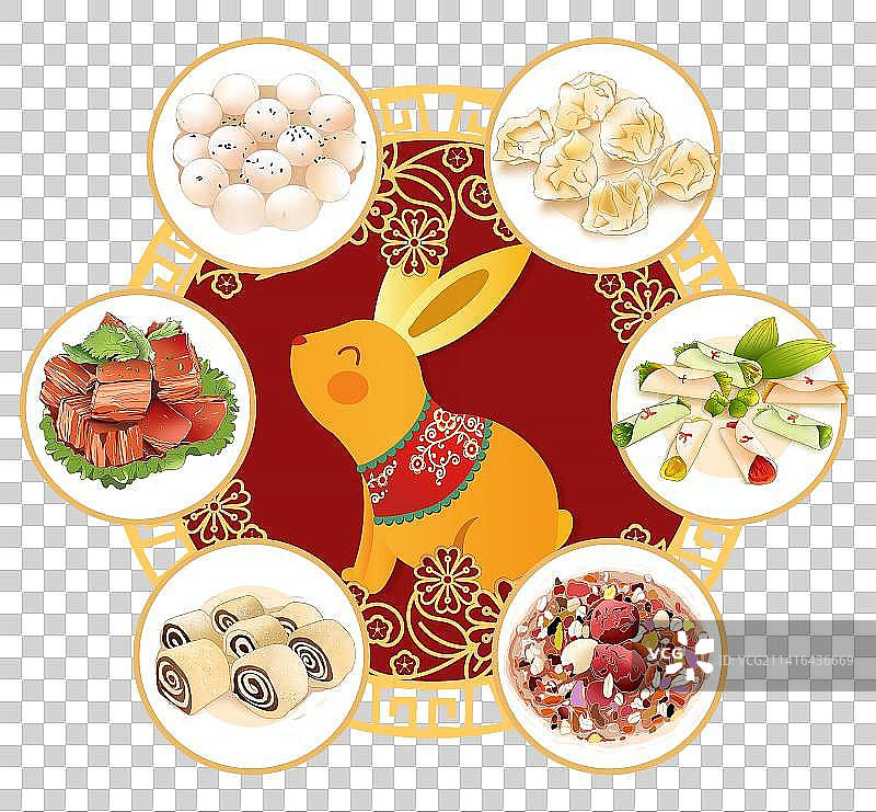 2023国潮风年俗插画元素 中国结里的兔子和年夜饭图片素材