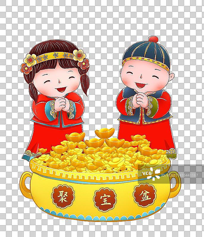 童男童女站在聚宝盆前拜年元素 国潮招财童子聚宝盆图片素材