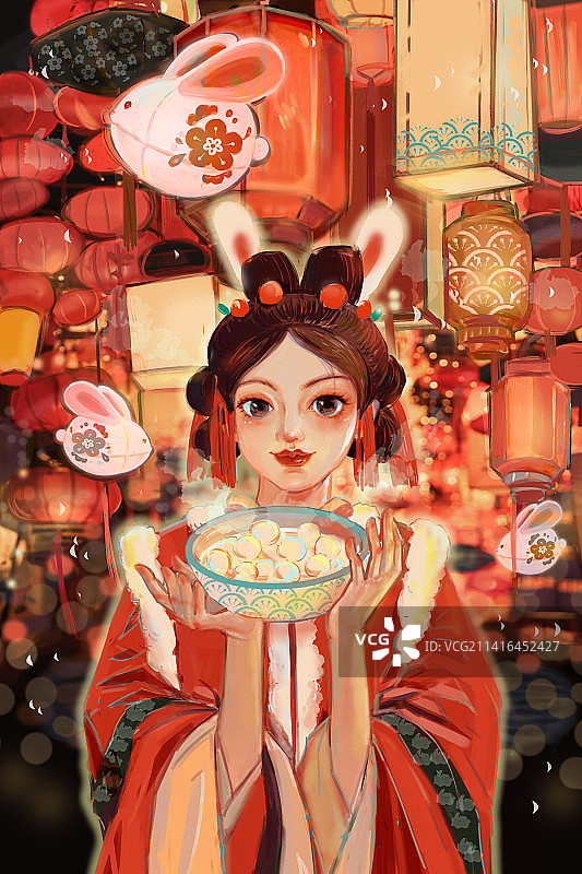 元宵节灯会端着汤圆的古风女孩图片素材