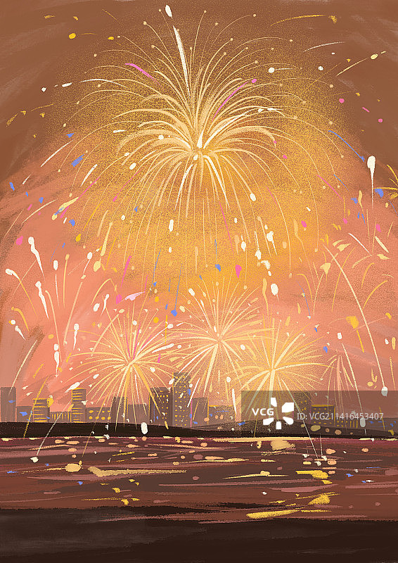手绘烟花插画绘图烟火焰火烟花爆竹过年节日氛围夜景插画图片素材