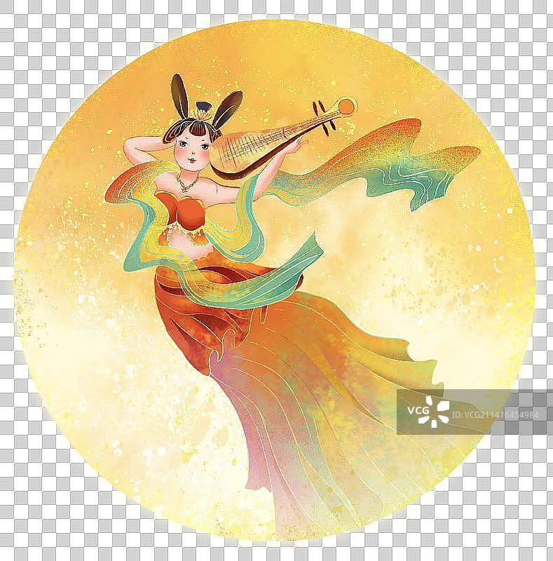 满月里飞天反弹琵琶的天女图片素材