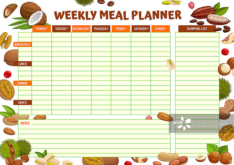 带卡通坚果的每周膳食计划表图片素材