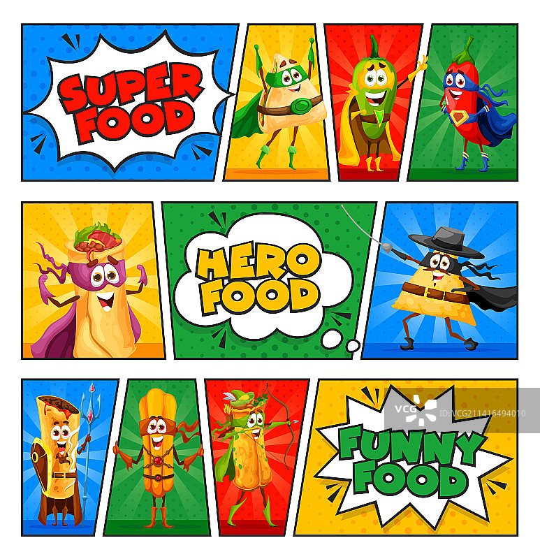 复古漫画卡通墨西哥食物超级英雄图片素材