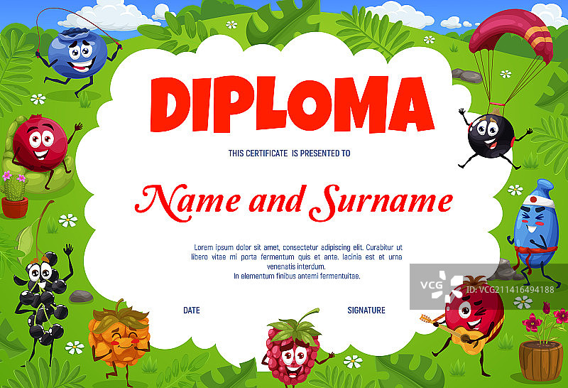 夏季假期中的儿童毕业证书浆果角色图片素材