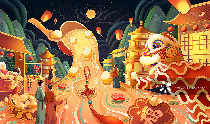 传统国画元宵佳节新年节日插画海报图片素材