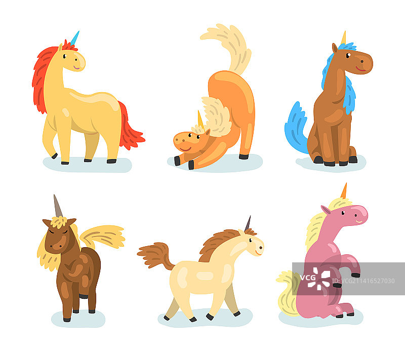可爱的独角兽，有角和彩色鬃毛图片素材