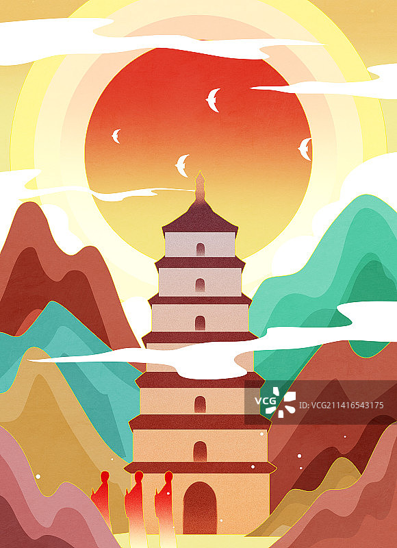 扁平风格敦煌宝塔佛教风景插画图片素材