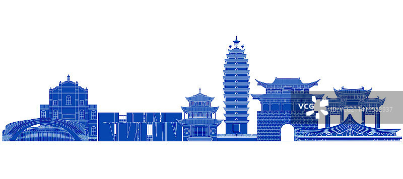 蓝色剪影云南昆明地标建筑群图片素材