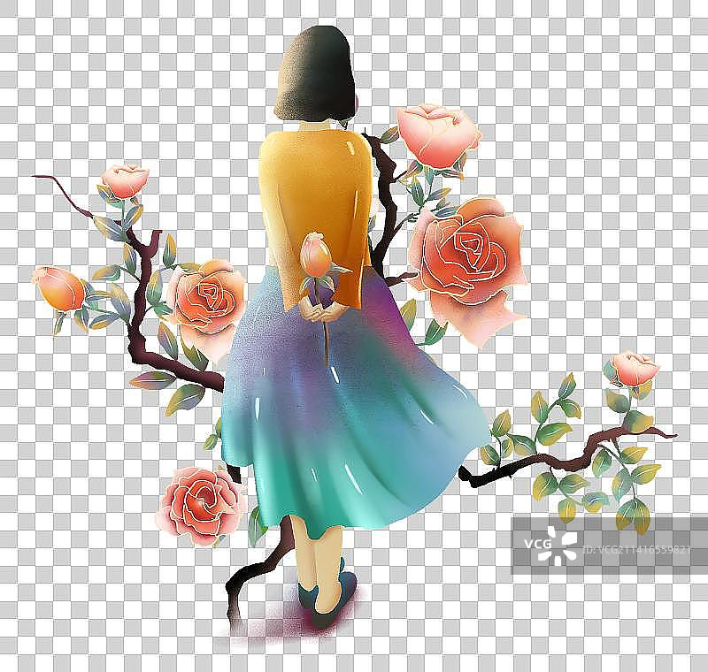 长裙女孩站在玫瑰花树旁元素图片素材