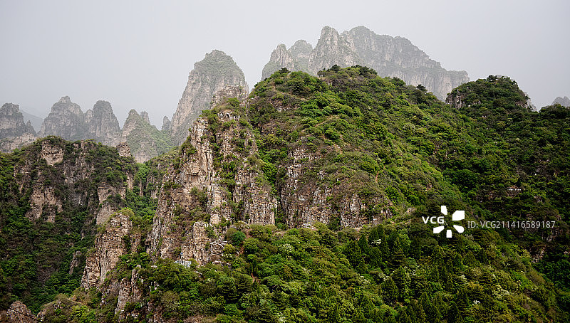 初夏时节，新绿初染河北保定狼牙山，犬牙交错的峰峦之间云雾缭绕，美丽壮观。图片素材
