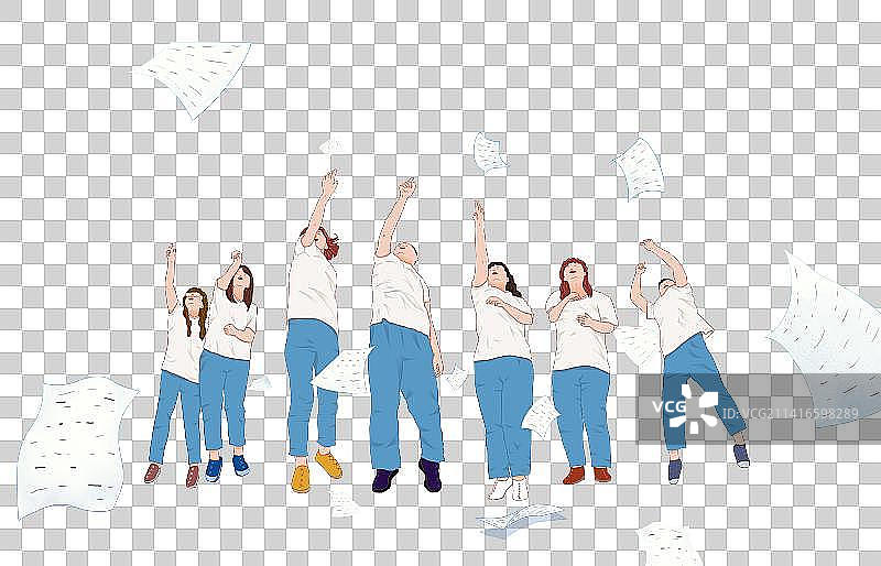 一群高考结束后的年轻人抛洒着卷子图片素材