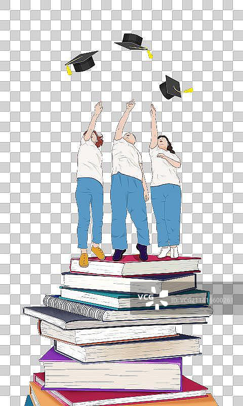 站在一堆书上的高考生扔学士帽图片素材