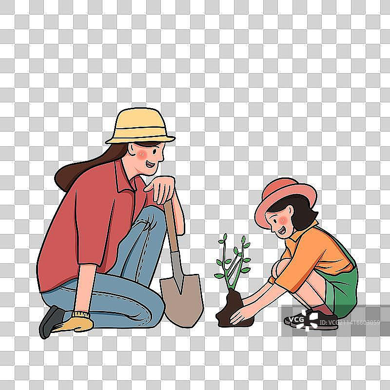 植树节父母带着孩子种树插画元素图片素材